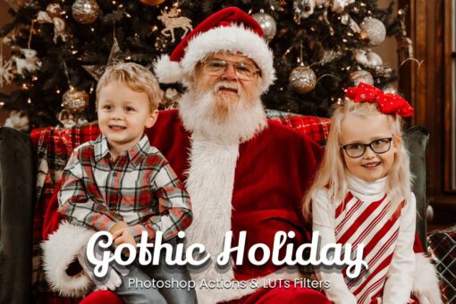 Gothic Holiday Photoshop Actions: Moody, magical, and vintage-inspired effects for Christmas photos. Perfect for photographers. Enhance your visuals with presets and filters. Download now!