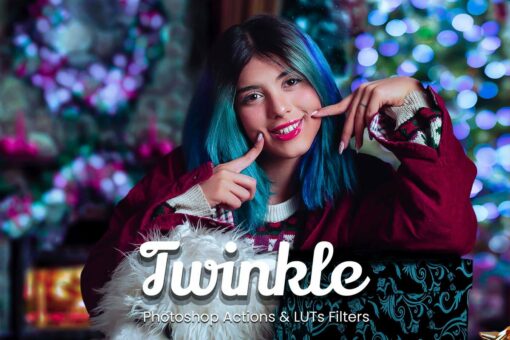 Vibrant Christmas scene with twinkling lights, festive colors, and a warm, enchanting glow. They are transformed using Twinkle Photoshop Actions and Video LUTs.